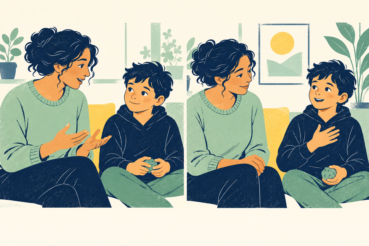 A child listens while looking slightly aside, then responds to show understanding