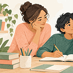 Paper-cut illustration of a teenager thinking over a notebook with a supportive parent nearby and a tablet displaying abstract shapes.