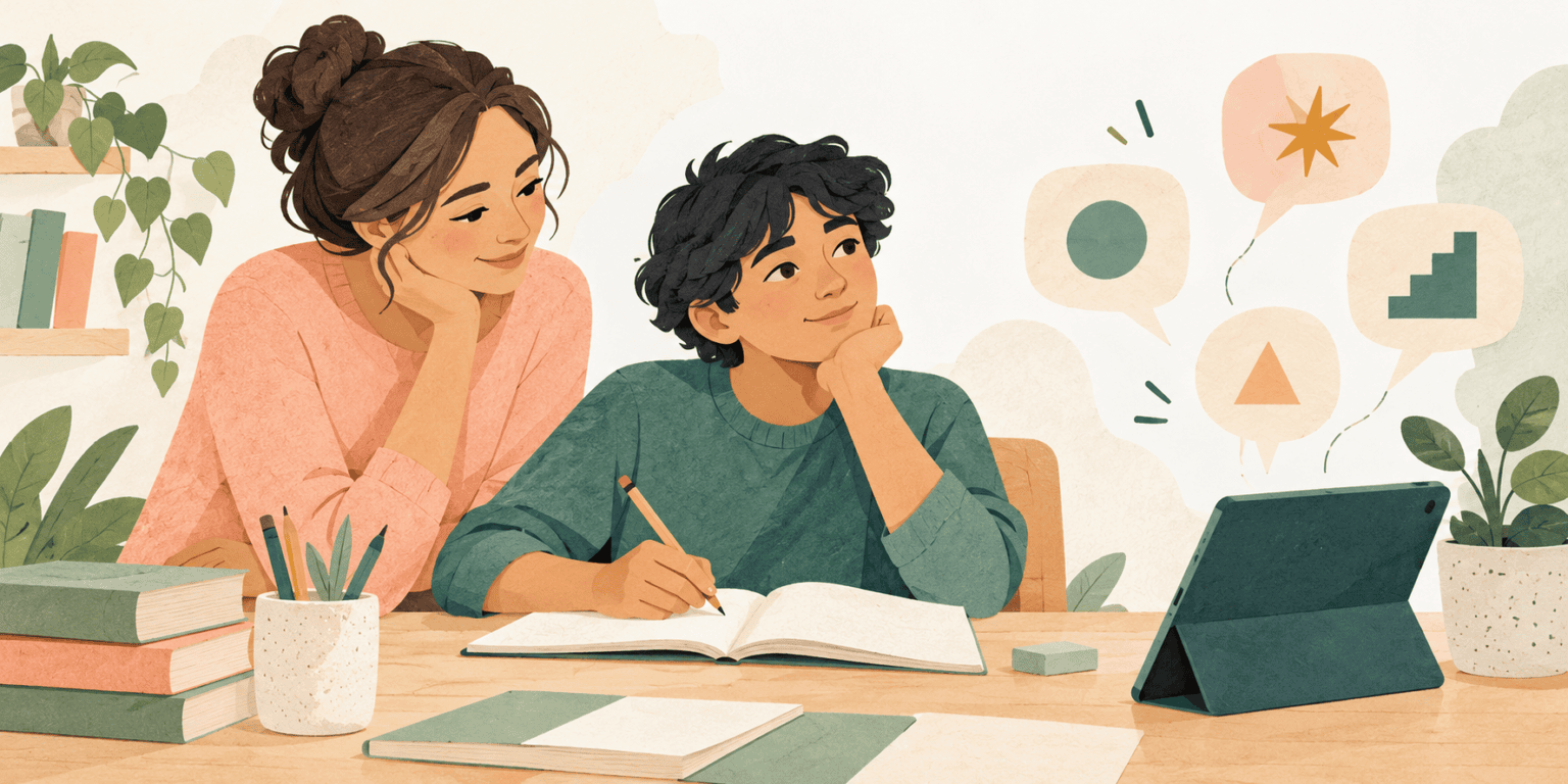 Paper-cut illustration of a teenager thinking over a notebook with a supportive parent nearby and a tablet displaying abstract shapes.