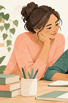 Paper-cut illustration of a teenager thinking over a notebook with a supportive parent nearby and a tablet displaying abstract shapes.