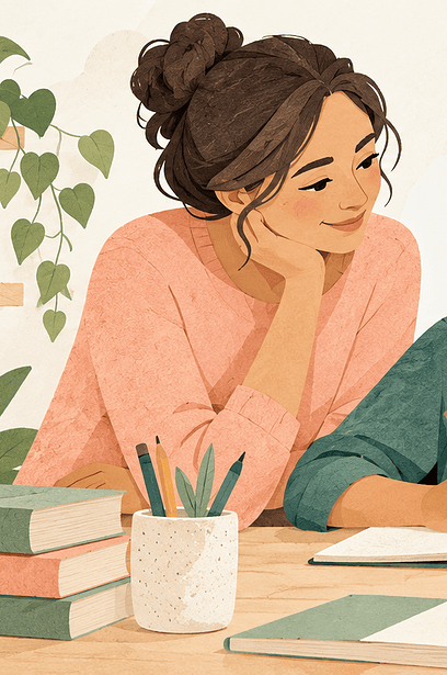 Paper-cut illustration of a teenager thinking over a notebook with a supportive parent nearby and a tablet displaying abstract shapes.