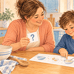 A caregiver helps a child ask a question about illustrated instructions