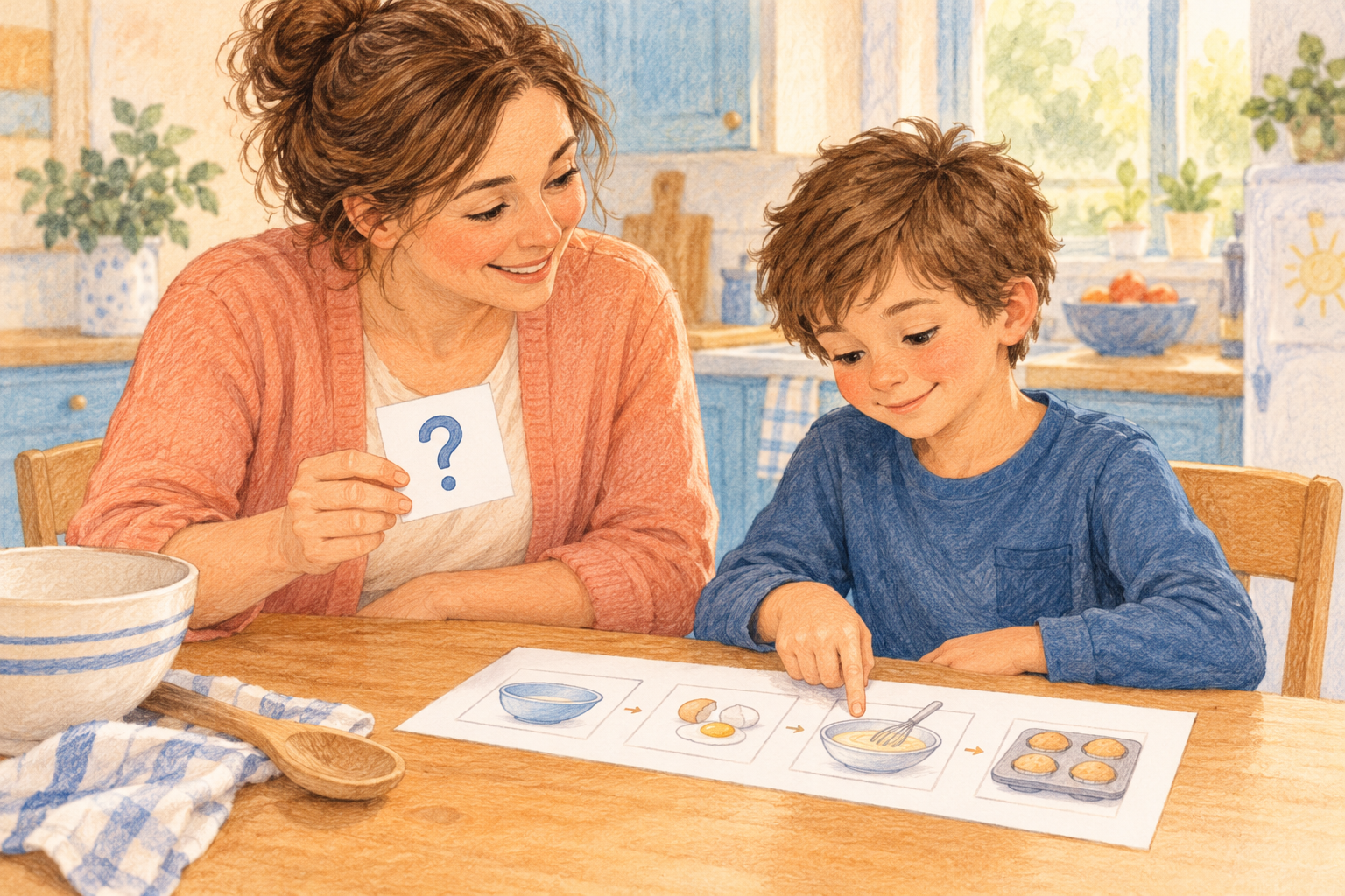 A caregiver helps a child ask a question about illustrated instructions