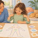 A caregiver and child notice shoulder and stomach signals on a body map