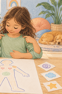 A caregiver and child notice shoulder and stomach signals on a body map