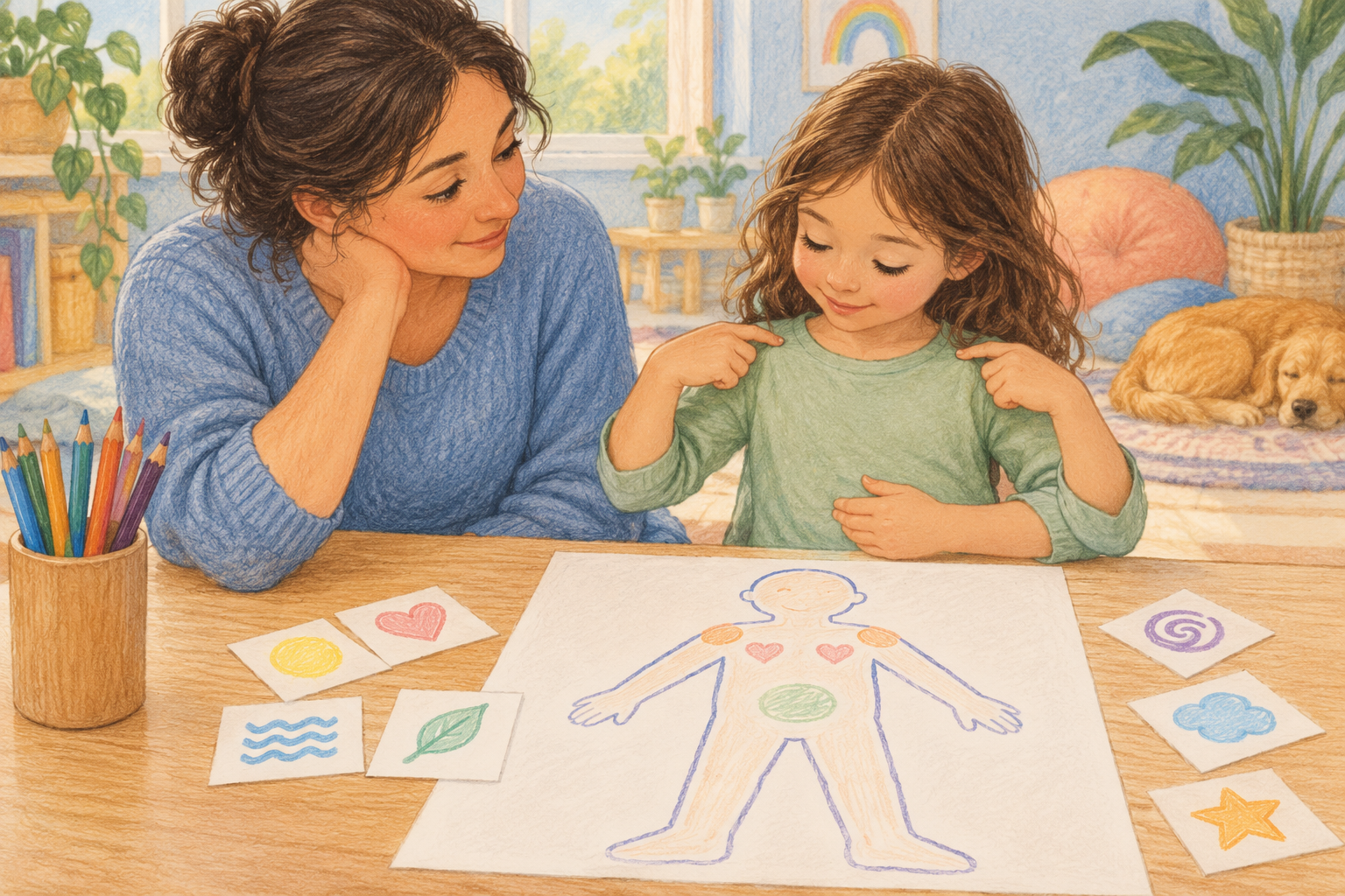 A caregiver and child notice shoulder and stomach signals on a body map