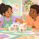 Two children discuss one specific part of a paper model together