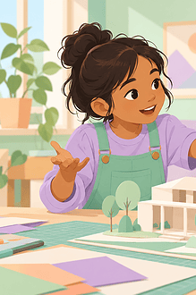 Two children discuss one specific part of a paper model together