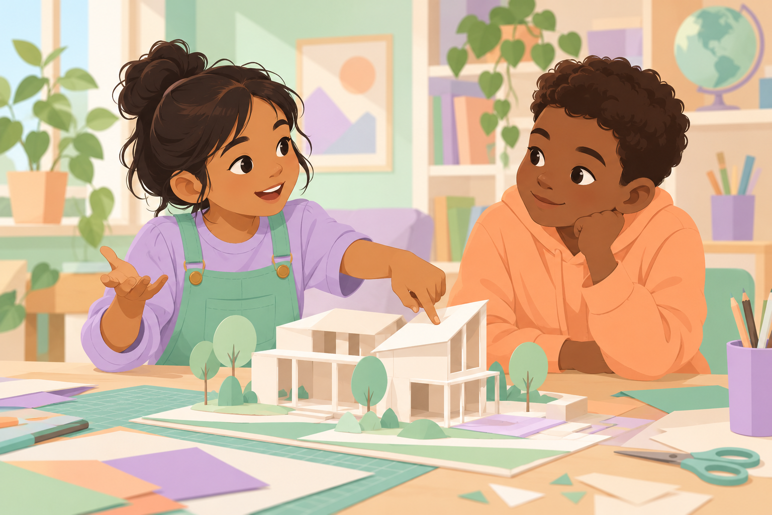Two children discuss one specific part of a paper model together