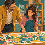 A teacher supports a child as she considers a suggested change to her artwork