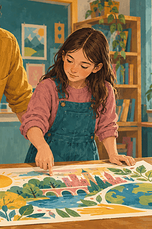 A teacher supports a child as she considers a suggested change to her artwork