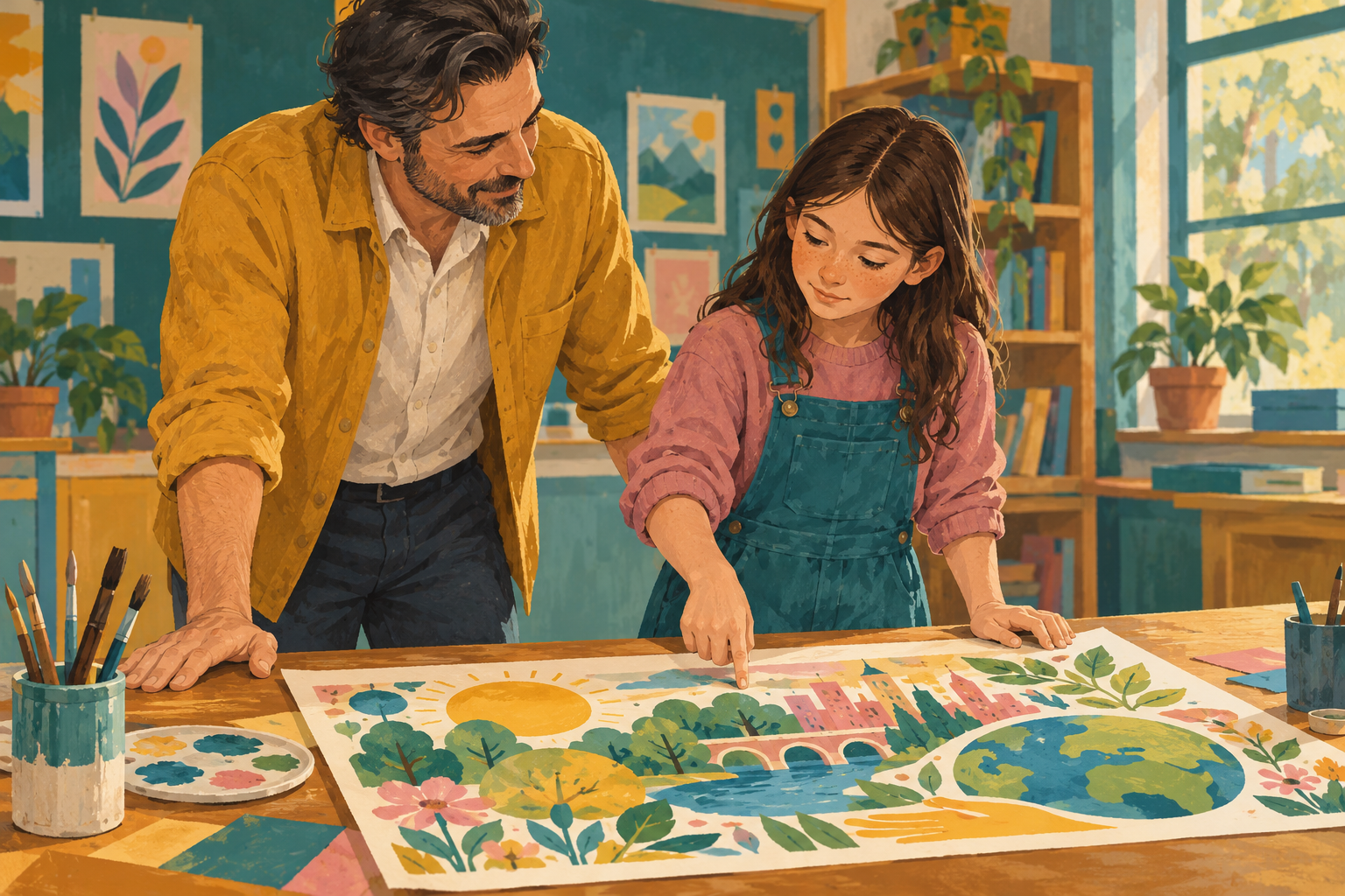 A teacher supports a child as she considers a suggested change to her artwork
