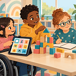 Four children collaborate using an AAC tablet, speech, writing and gesture