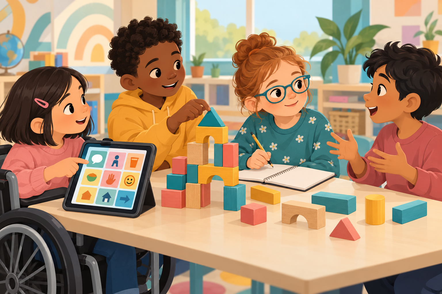 Four children collaborate using an AAC tablet, speech, writing and gesture