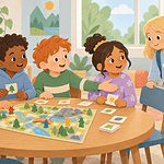 A child waits for an opening to join four children playing a tabletop game
