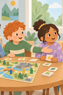 A child waits for an opening to join four children playing a tabletop game