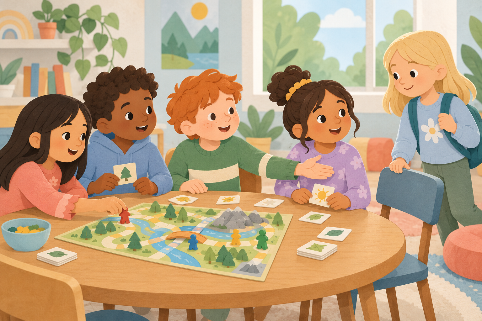 A child waits for an opening to join four children playing a tabletop game