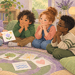 A quiet child shares a drawing with four children who pause and listen