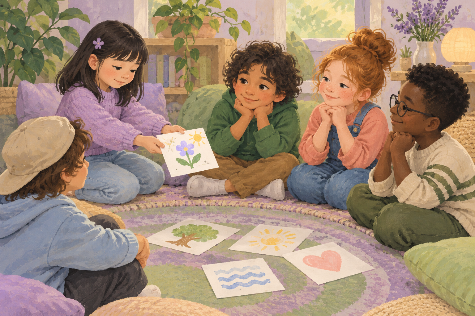 A quiet child shares a drawing with four children who pause and listen