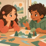Two children calmly talk through a misunderstanding over a shared paper project