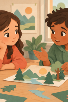 Two children calmly talk through a misunderstanding over a shared paper project