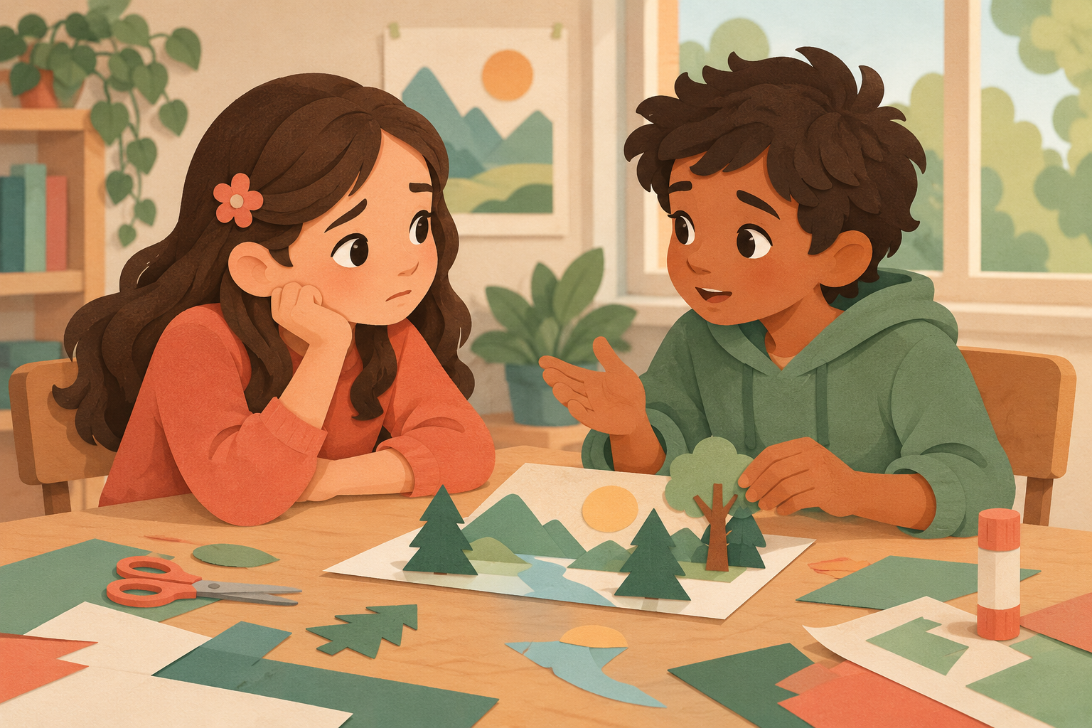 Two children calmly talk through a misunderstanding over a shared paper project