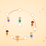 Playful flat illustration of children standing around a circle of spots mid-game, one empty spot dashed in the middle, representing a family mingling game.