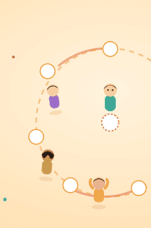 Playful flat illustration of children standing around a circle of spots mid-game, one empty spot dashed in the middle, representing a family mingling game.