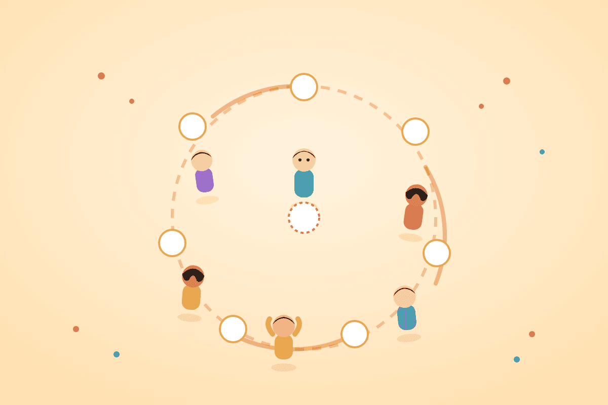 Playful flat illustration of children standing around a circle of spots mid-game, one empty spot dashed in the middle, representing a family mingling game.