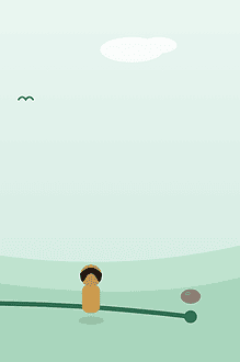 Flat illustration of a parent, a child and a teenager standing at different points along a curved line on a green hillside, representing a family opinion-spectrum game.