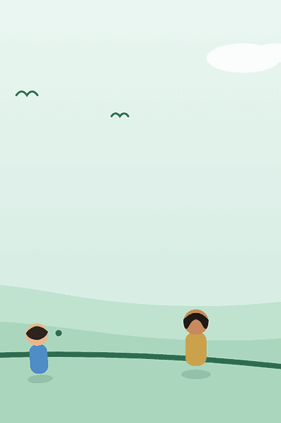 Flat illustration of a parent, a child and a teenager standing at different points along a curved line on a green hillside, representing a family opinion-spectrum game.