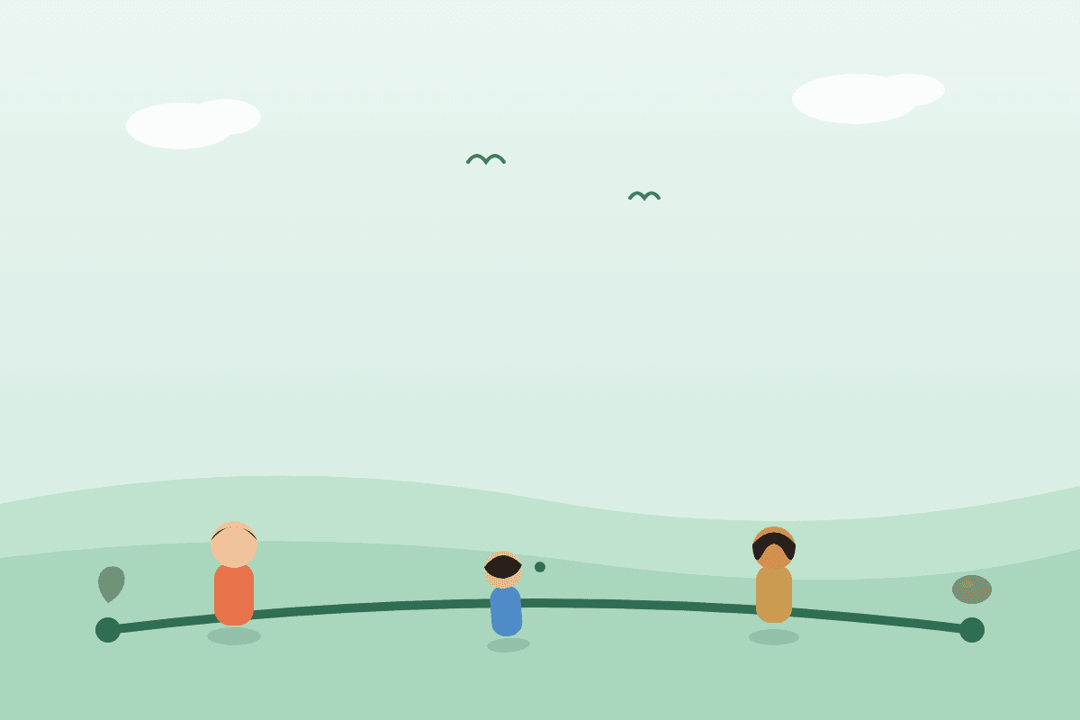 Flat illustration of a parent, a child and a teenager standing at different points along a curved line on a green hillside, representing a family opinion-spectrum game.