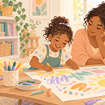 Pastel illustration of a mother encouraging a child who is drawing