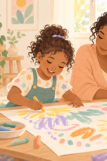 Pastel illustration of a mother encouraging a child who is drawing