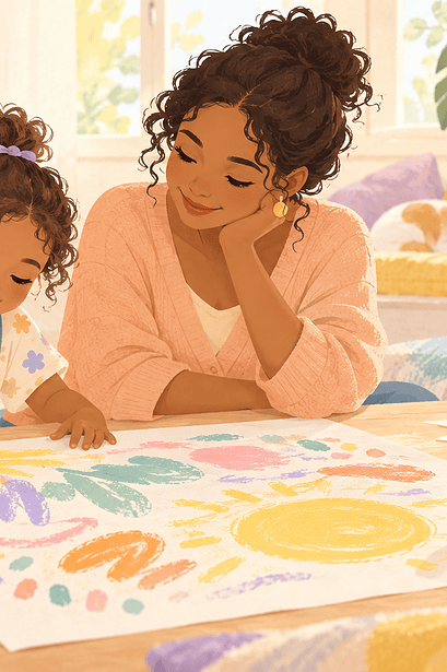 Pastel illustration of a mother encouraging a child who is drawing