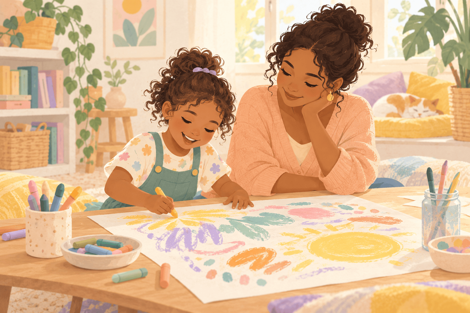 Pastel illustration of a mother encouraging a child who is drawing