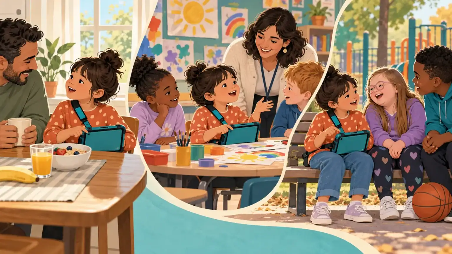 Child carrying an AAC device through home, classroom and playground routines