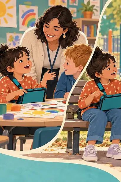 Child carrying an AAC device through home, classroom and playground routines