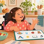 Child using a picture communication board while a caregiver waits and listens at a kitchen table