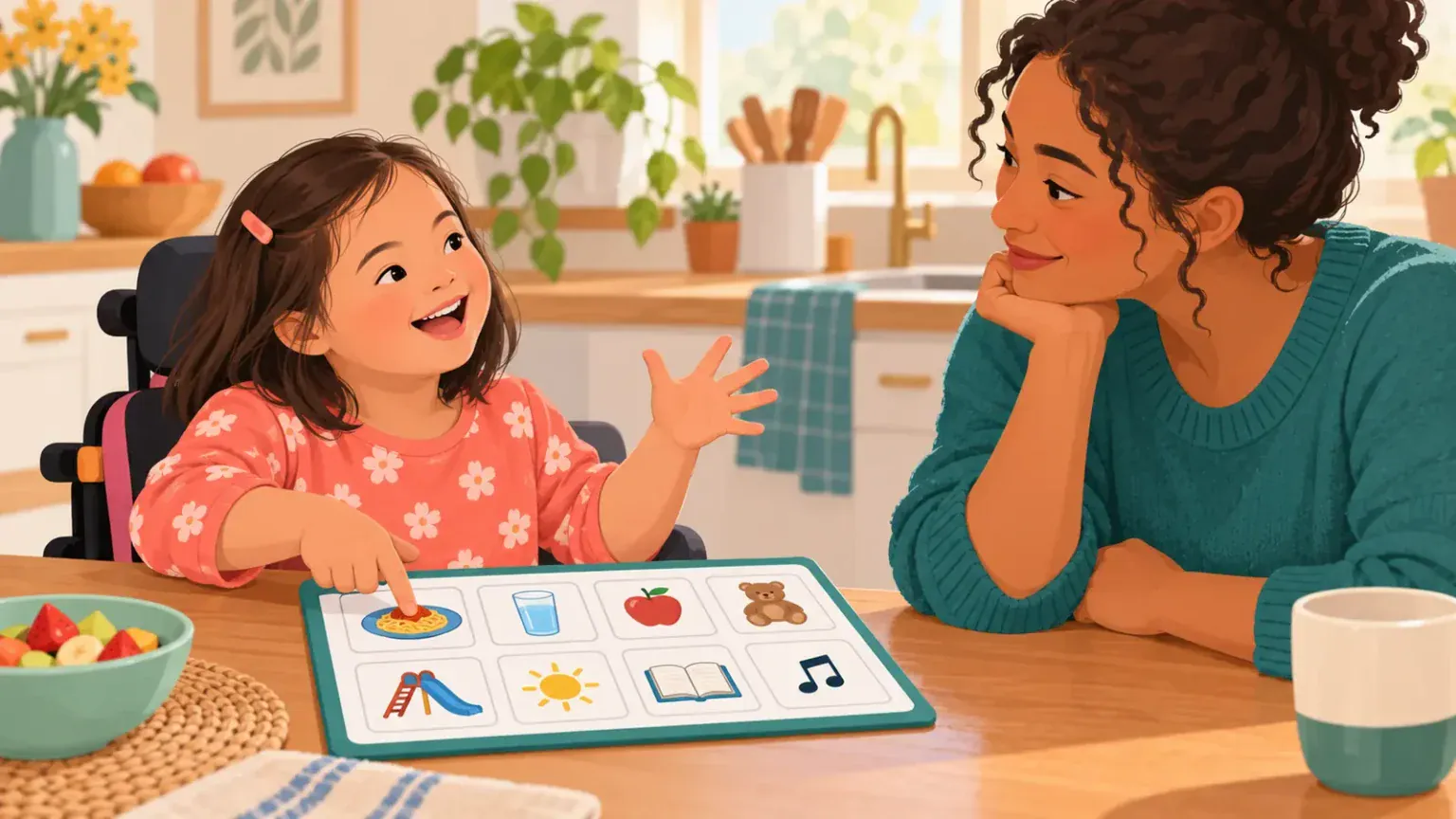 Child using a picture communication board while a caregiver waits and listens at a kitchen table
