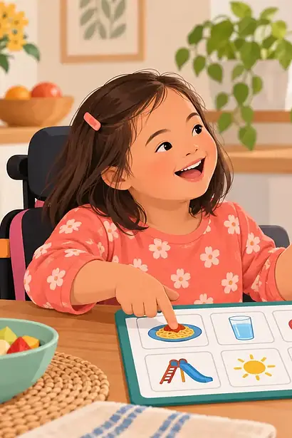 Child using a picture communication board while a caregiver waits and listens at a kitchen table