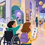 A family reviews an access map at the step-free entrance to a museum