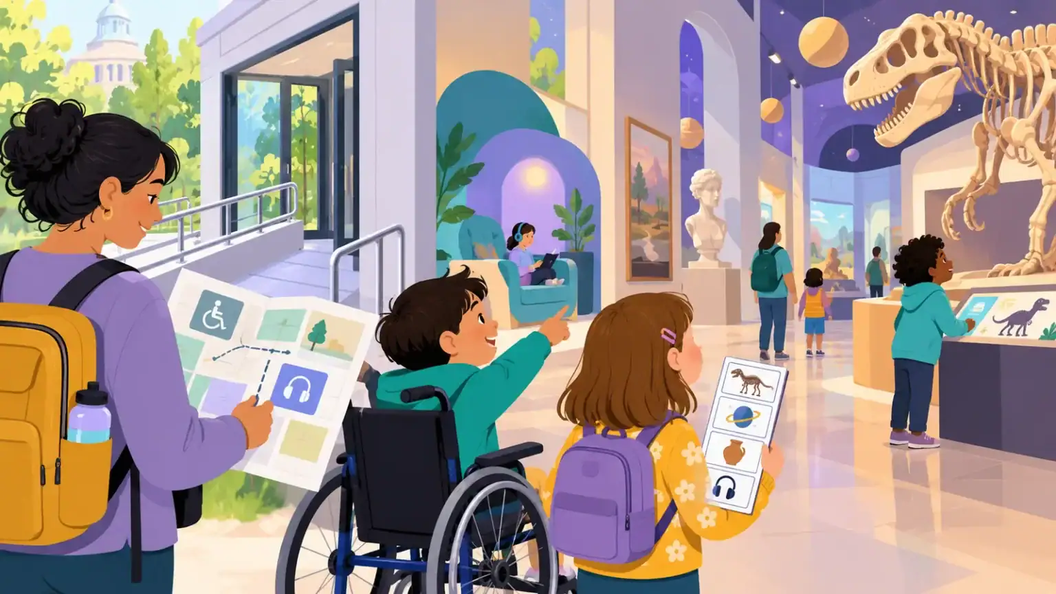 A family reviews an access map at the step-free entrance to a museum