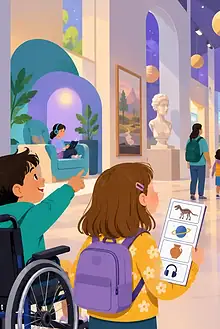 A family reviews an access map at the step-free entrance to a museum