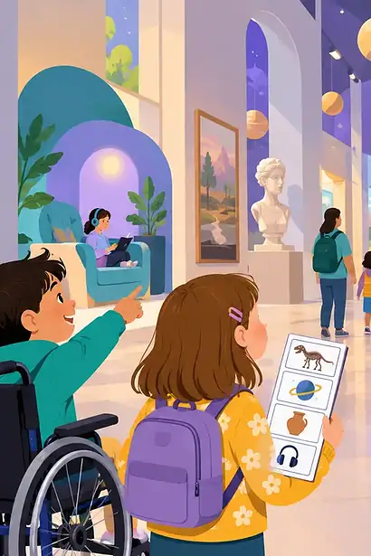 A family reviews an access map at the step-free entrance to a museum