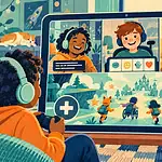 Children use captions, headphones, large controls and a communication tablet during an online game hangout