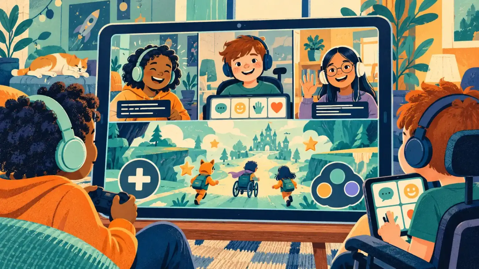 Children use captions, headphones, large controls and a communication tablet during an online game hangout