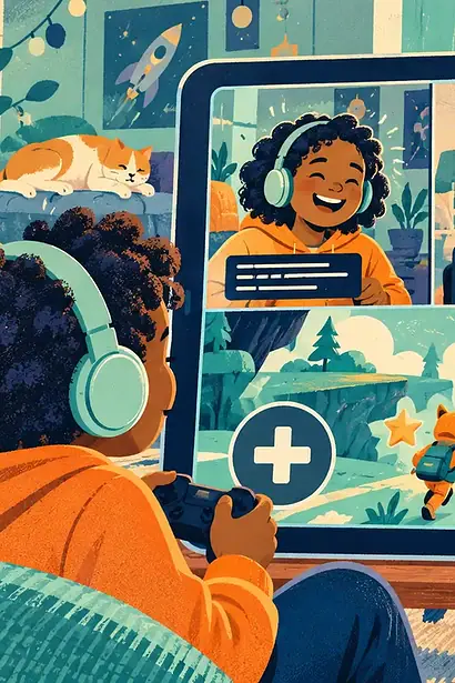 Children use captions, headphones, large controls and a communication tablet during an online game hangout