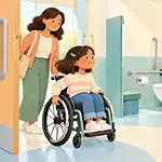 A wheelchair-using child and caregiver look into a spacious accessible bathroom with grab rails and a lowered sink