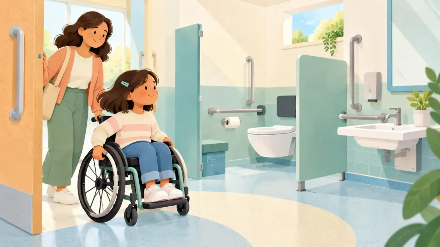 A wheelchair-using child and caregiver look into a spacious accessible bathroom with grab rails and a lowered sink
